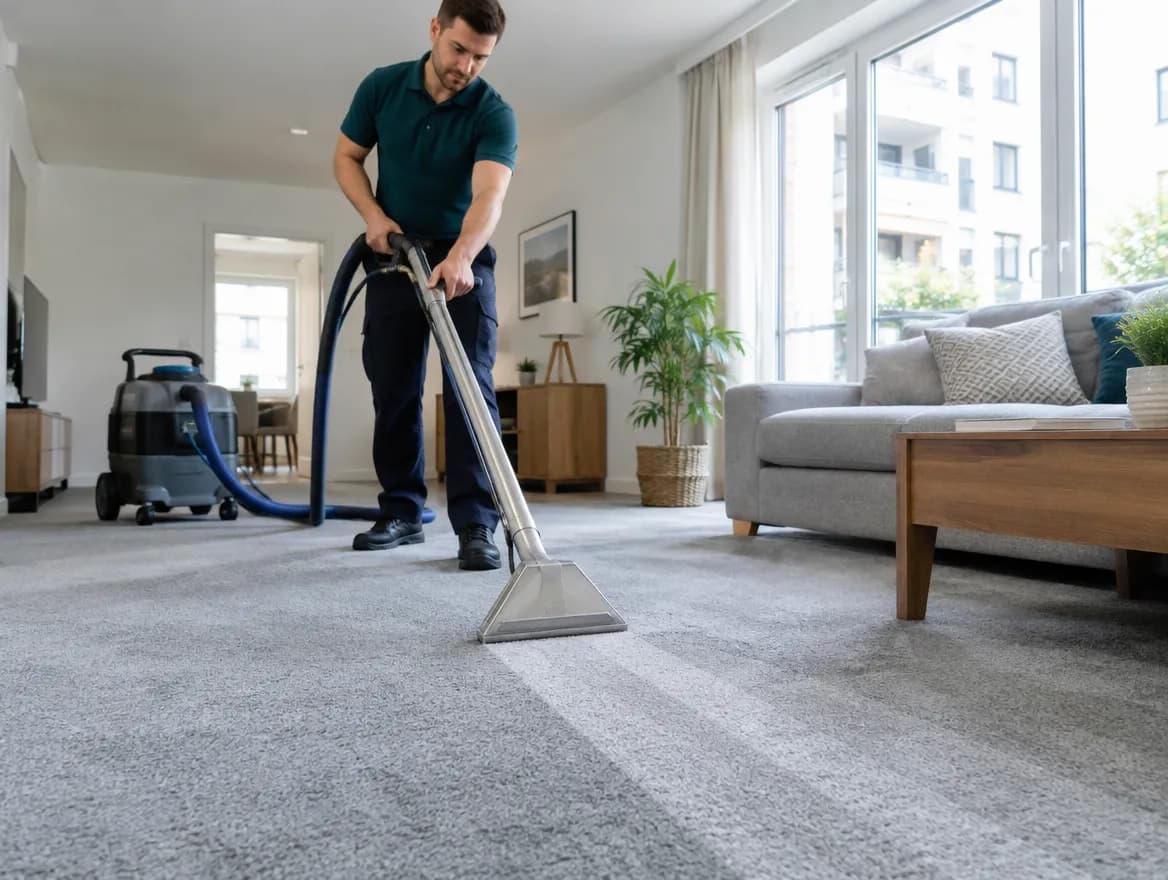 Technik tepuje sivý celoplošný koberec v obývačke, po hubici zostávajú čisté pruhy